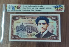 REPRODUCERE pe hartie cu filigran si fire UV proiect bancnota 1.000 Lei 1936