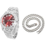 Set Ceas Iced Out SIlver Red + Colier Cuban Chain Iced out, insertii din zirconiu, otel inoxidabil, dispozitiv pentru ajustare, impachetare premium, a