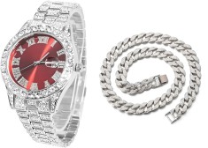 Set Ceas Iced Out SIlver Red + Colier Cuban Chain Iced out, insertii din zirconiu, otel inoxidabil, dispozitiv pentru ajustare, impachetare premium, a foto