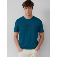 s.Oliver Tricou barbati cu imprimeu cu logo si decolteu la baza gatului, Regular fit, Turcoaz, S