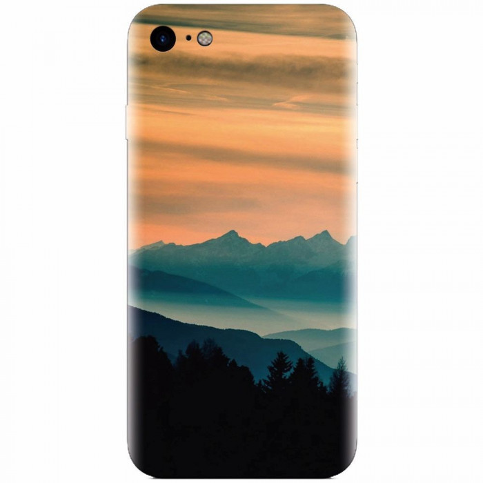 Husa silicon pentru Apple Iphone 5 / 5S / SE, Blue Mountains Orange Clouds Sunset Landscape