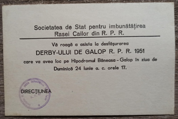 Invitatie derby de galop 1951, Societatea de Stat pt Imbunatatirea Rasei Cailor