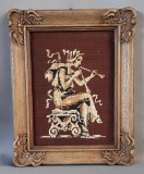 ZEITA CANTAND LA AULOS, SUPERB TABLOU GOBLEN, RAMA DIN LEMN MASIV SCULPTAT