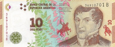 ARGENTINA █ bancnota █ 10 Pesos █ 2016 █ P-360 █ Seria B █ UNC █ necirculata foto