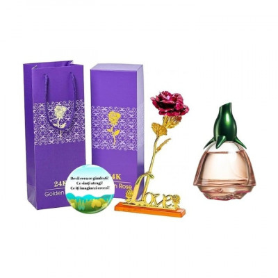 Set complet pentru Ea, parfum de femei Volare Moments, insotit de insigna Dactylion cu mesaj motivational, cadou un trandafir rosu suflat la baza cu a foto