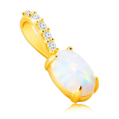 Pandantiv din aur galben de 14K - opal sintetic oval, reflexe curcubeu, diamante foto