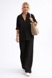 Women's Black Comfortable Fit Wide-Leg Pants Two-Piece Set