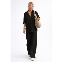 Women's Black Comfortable Fit Wide-Leg Pants Two-Piece Set