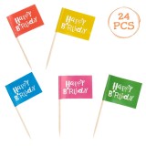 Scobitori decorative cu stegulete Happy Birthday, 24 buc, 6.5 cm, Multicolor, CMCLASS