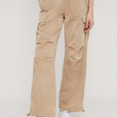 Sisley pantaloni femei, culoarea bej, drept, high waist