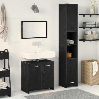 Set Mobilier pentru Baie 3 Piese Stejar Negru Lemn Prelucrat foto