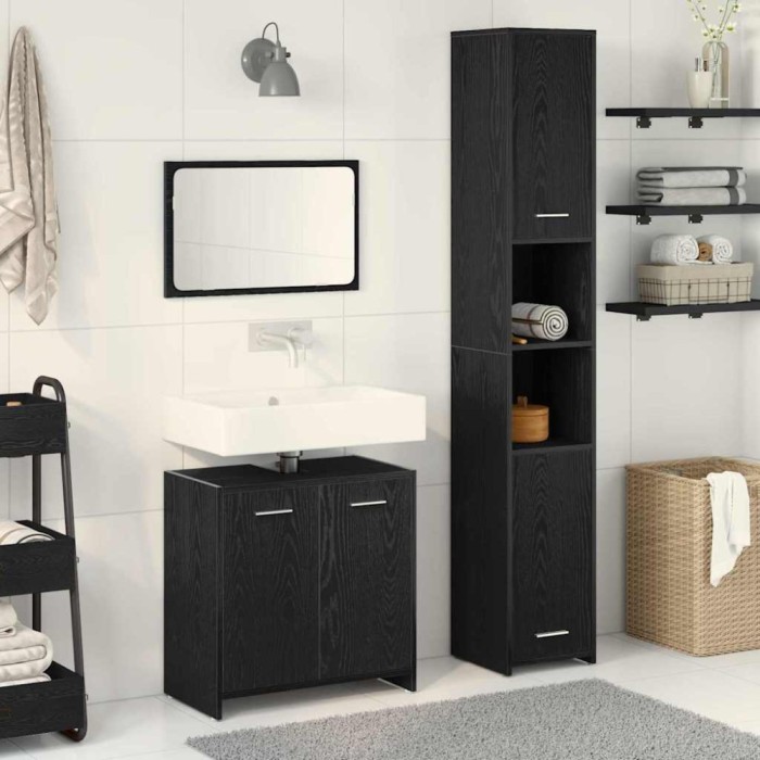 Set Mobilier pentru Baie 3 Piese Stejar Negru Lemn Prelucrat