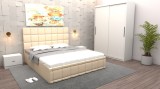 Dormitor Regal cu Pat Tapitat Crem imitatie piele cu dulap usi glisante Alb fara oglinda si fara comoda Tv