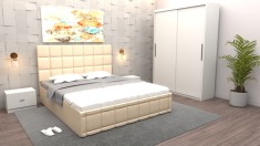 Dormitor Regal cu Pat Tapitat Crem imitatie piele cu dulap usi glisante Alb fara oglinda si fara comoda Tv foto