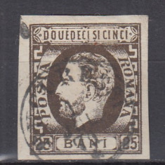 ROMANIA 1871/72 LP 33 CAROL I CU BARBA VALOAREA 25 BANI BRUN STAMPILAT