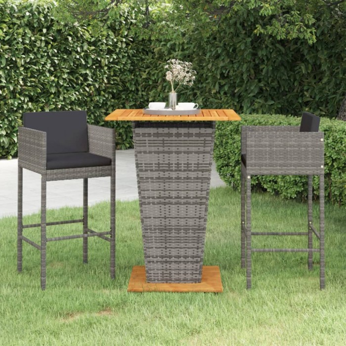 vidaXL Set mobilier bar de grădină, cu perne, 3 piese, gri, poliratan 3094803