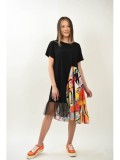 Cumpara ieftin ROCHIE MIDI ASIMETRICA COMBINATA CU TUL MANECA SCURTA FLOWER FACE TALIE UNICA Negru