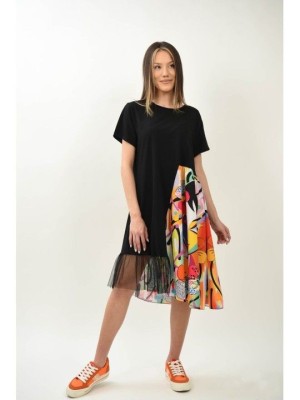 ROCHIE MIDI ASIMETRICA COMBINATA CU TUL MANECA SCURTA FLOWER FACE TALIE UNICA Negru foto