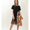 ROCHIE MIDI ASIMETRICA COMBINATA CU TUL MANECA SCURTA FLOWER FACE TALIE UNICA Negru