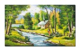 Cumpara ieftin Tablou pictat manual Tarancuta la casa de langa parau, la bunici, 100x60cm ulei pe panza, Constantin Feraru