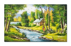 Tablou pictat manual dormitor, living, Tarancuta la casa de langa parau, la bunici, 100x60cm ulei pe panza, gata de agatat pe perete
