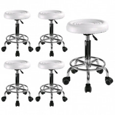 SET - 5 x Scaun hidraulic cu roti, Taburet rotativ, Pentru salon, Alb foto