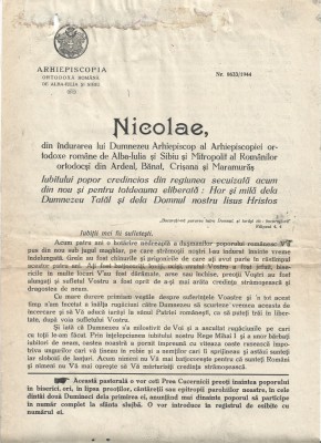 A3621N Pastorală a mitropolitului Nicolae Bălan către iubitul popor credincios din regiunea secuizată, 25 septembrie 1944 foto