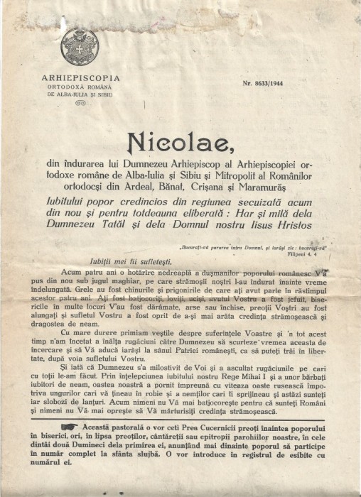 A3621N Pastorală a mitropolitului Nicolae Bălan către iubitul popor credincios din regiunea secuizată, 25 septembrie 1944