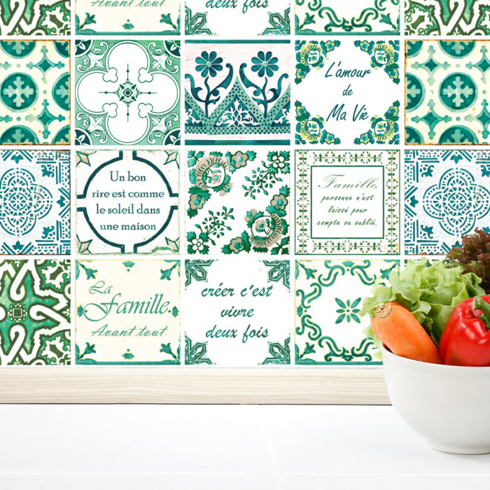 Sticker faianta - Green Vintage Mosaic Tiles , French - 24 buc - 15x15 cm