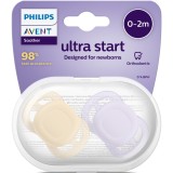 Set 2 suzete Philips Avent Ultra Start SCF075/01, ortodontice, fara BPA, 0-2 luni, bej-lila