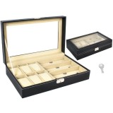 Organizator Elegant Negru pentru Ceasuri și Ochelari, din Eco-Piele și Velur, cu 6+3 Compartimente, 33.5x20.5x8 cm