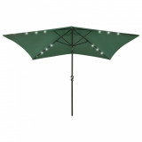 Umbrelă de soare cu st&acirc;lp din oțel &amp; LED-uri, verde, 2x3 m, vidaXL