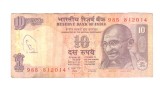 Bancnota India 10 rupees 2010, circulata, stare relativ buna, scrisa