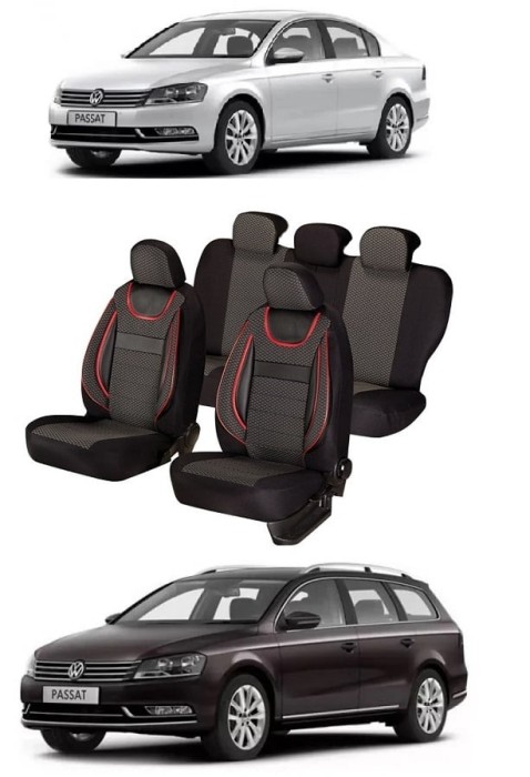 Set huse scaune piele si textil VW PASSAT B7 (2010-2015) Negru -Rosu