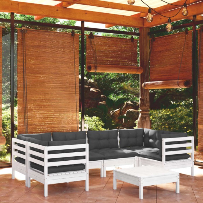 vidaXL Set mobilier de grădină cu perne, 7 piese, alb, lemn masiv pin 3097302