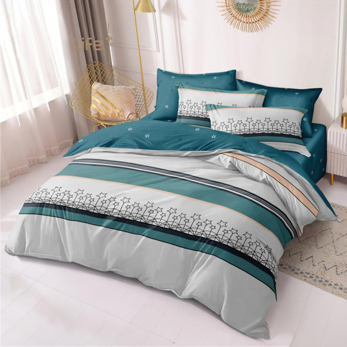 Lenjerie de pat pentru o persoana cu 2 huse de perna patrata, Niyol, bumbac mercerizat, multicolor