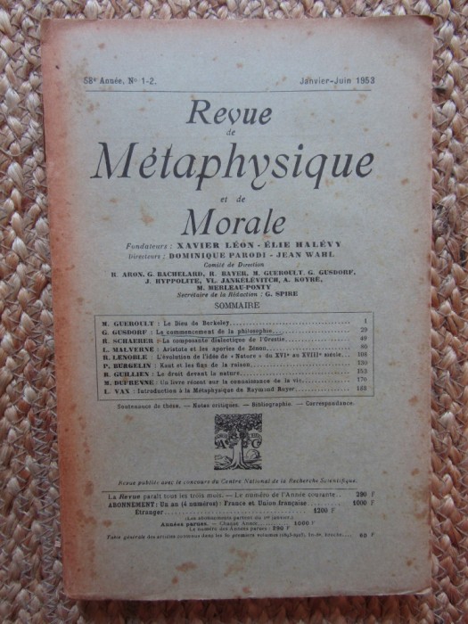 Revue de metaphysique et de moraleJANVIER-JUIN 1953