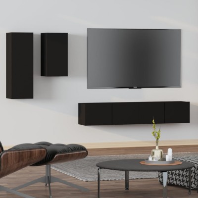 Set dulap TV, 4 piese, negru, lemn prelucrat foto
