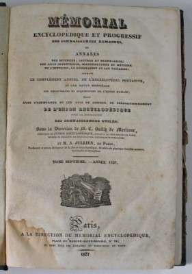 MEMORIAL ENCYCLOPEDIQUE ET PROGRESSIF DES CONNAISSANCES HUMAINES, sous la direction de M.C. BAILLY de MERLIEUX , TOME SEPTIEME , 1837 foto
