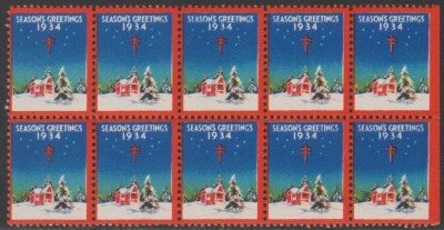 1934 SUA - Bloc de10 vignete de Craciun + Campanie Anti Tuberculoza, TBC foto