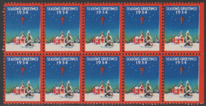1934 SUA - Bloc de10 vignete de Craciun + Campanie Anti Tuberculoza, TBC