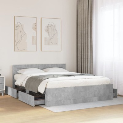 vidaXL Cadru de pat cu tăblie gri beton 150x200 cm lemn prelucrat 3295558 foto