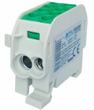 Clema de distributie - derivatie verde PE Cu-Al 202A 125A pe sina DIN 1 pol 2 intrari borne (25+35mm &sup2;) si 2 iesiri (25+35mm &sup2;) 1000V AC DC, Omu System