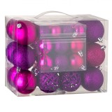 Set Globuri Crăciun, Model Fucsia, 3 Dimensiuni, Plastic, 50 Bucăți