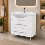 Baza cu lavoar ceramic GN1871, mobilier baie 80 cm, front MDF, 1 sertar, 1 usa, glisiere soft close, picioare cromate reglabile, alb