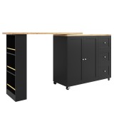 Insulă de bucătărie extensibilă, rotativă la 360&deg;, cu 3 sertare, 2 uși și raft lateral pentru gustări, 135-203x39x106 cm, Negru