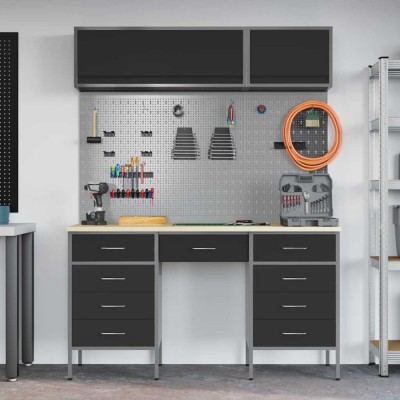 Set dulap lucru &amp;amp; panou c&amp;acirc;rlige, 8 piese, negru, MDF &amp;amp; metal foto
