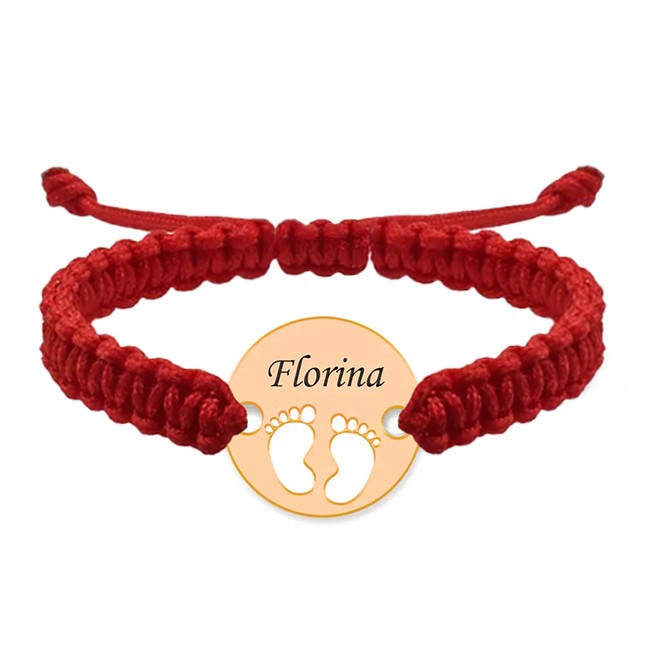Bratara personalizata snur impletit banut cu talpite si nume gravat din argint 925 placat cu aur roz