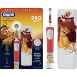 Periuta de dinti electrica Oral-B Pro Kids Lion King pentru copii 80775003, Curatare 2D, 2 programe, 1 capat, 4 autocolante, trusa de calatorie, Rosu