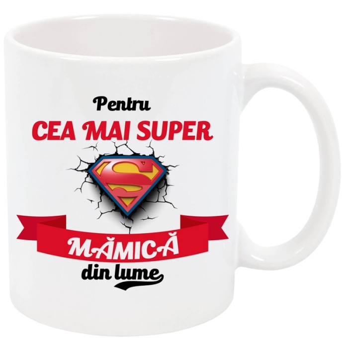 Cana personalizata „Cea mai super mamica din lume”, ceramica alba, 325 ml Cana personalizata „Cea mai super mamica din lume”, ceramica alba, 325 ml